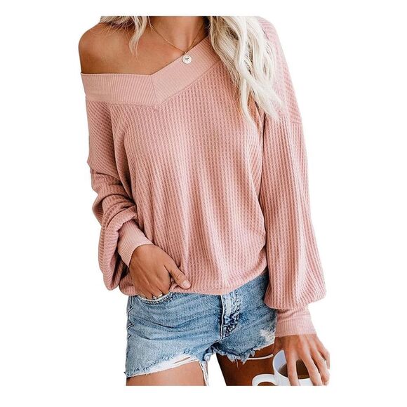 ADREAMLY Women's sz Small top double V Neck Long Sleeve Waffle Knit Top Fall Off - Picture 1 of 6